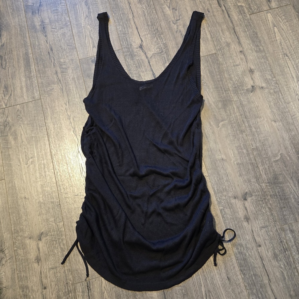 Alro Black Crochet Swim Coverup Mini Dress Stretch Ruched Knit Sleeveless Sz XL